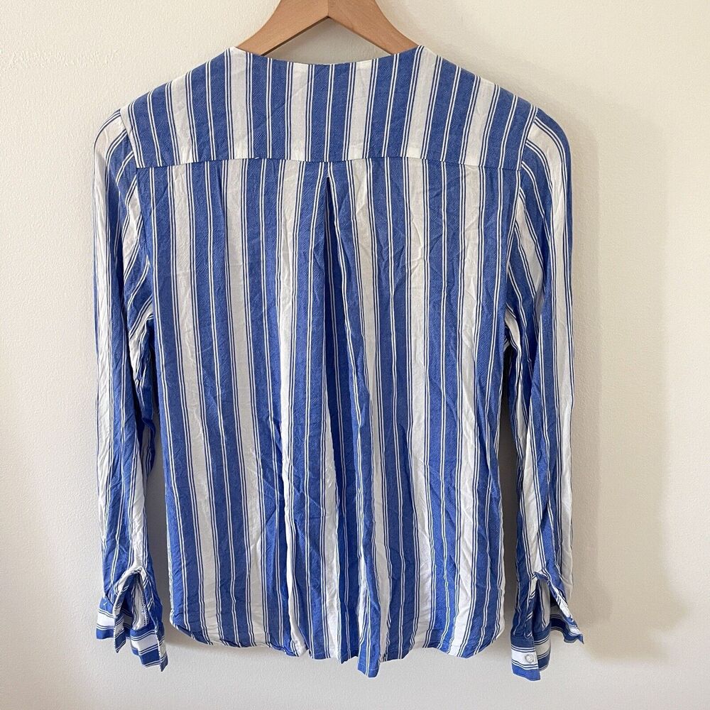 Kut from the Kloth Womens Blouse Small Blue Striped Crossover Roll Tab Sleeve - Picture 5 of 6